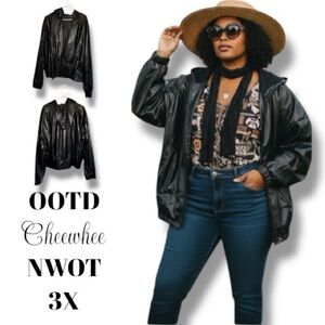 Mega Wear Jacket Black Faux Leather Hooded Bomber Baddie NWOT Plus Size 3X